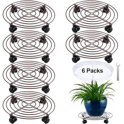 6 Packs Large Metal Plant Caddy with Wheels 12" Rolling Plant Stands Heavy-duty Wrought Iron Plant Roller Base Pot Movers Plant Saucer on Wheels Bronze - color: Bronze, size: 12 inches