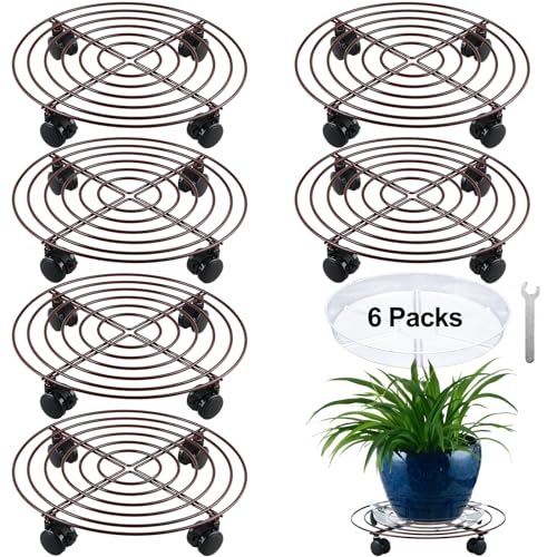 6 Packs Large Metal Plant Caddy with Wheels 13" Rolling Plant Stands Heavy-duty Wrought Iron Plant Roller Base Pot Movers Plant Saucer on Wheels Bronze - color: Bronze, size: 13 inches