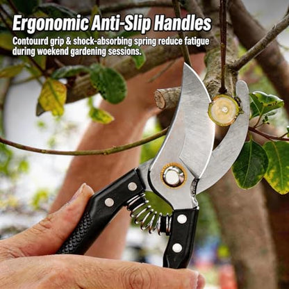 Garden Pruning Shears, Heavy Duty Stainless Steel Gardening Scissors for Plants, Sharp Handhled Trimmers, Bypass Blade Pruner for Branch, Hedge, Shrub, Flowers or Bonsai, Gardening Tool (Black)