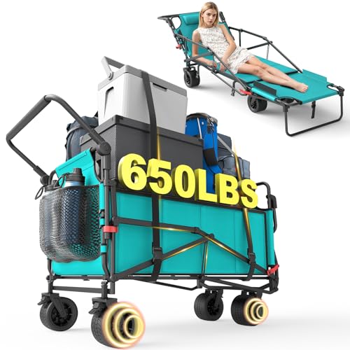 LEVELEVE Heavy Duty Folding Wagon - 2-in-1 Collapsible Cart, All-Terrain Wheels w/Brakes & Side Pockets (Azure Blue, 650lb Capacity) - color: Sky Blue, size: Large
