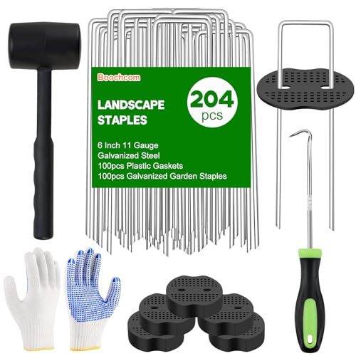 Ground Staples with Rubber Hammer,Pick Hook and Gloves,6Inch 100pcs Galvanized Garden Pegs+ 100pcs Gaskets,Anti-Rust,U-Shaped Lawn Spikes,Landscaping Fabric Pins for Weed Barrier,Yard Grass Cover