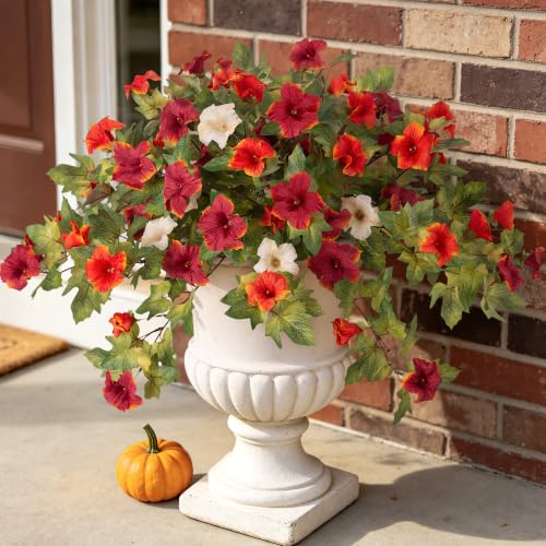 Ammyoo Artificial Fall Flowers Fake Petunias Plants for Outdoor Decoration - color: Orange Brown White