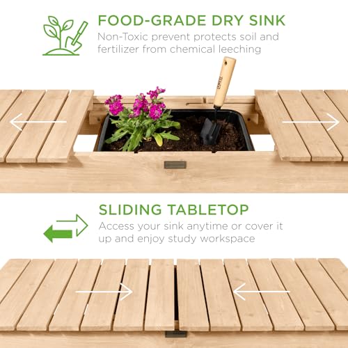 Best Choice Products Mobile Garden Potting Bench, Outdoor Wood Workstation Table w/Sliding Tabletop, 4 Locking Wheels, Food Grade Dry Sink, Storage Shelves- Natural - color: Natural