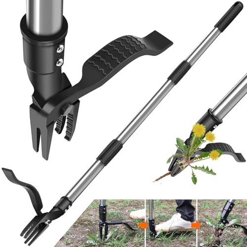 GOXAWEE Stand Up Weed Puller Tool with 46″ Long Handle, Manual Weeder Tool - color: Silver Weed Puller Tool