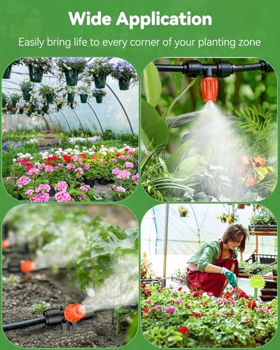 Pawfly 30 Pcs Push-to-Fit Drip Irrigation Spray Emitters for 1/4 Inch Tubing, Tee Misting Atomizing Nozzles Micro Sprayers with Adjustable 360 Degree Water Flow, Irrigation Drippers with End Plugs