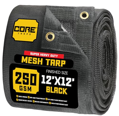Core Tarps 60% Black Shade Cloth with Grommets - 12 X 12 FT Heavy Duty Mesh Tarp - Sun Shade Cloth for Garden Vegetables Plants Greenhouse Outdoors Backyard Fences Dump Trucks Patio Mesh Shade Tarp - color: Black, size: 12'X12'