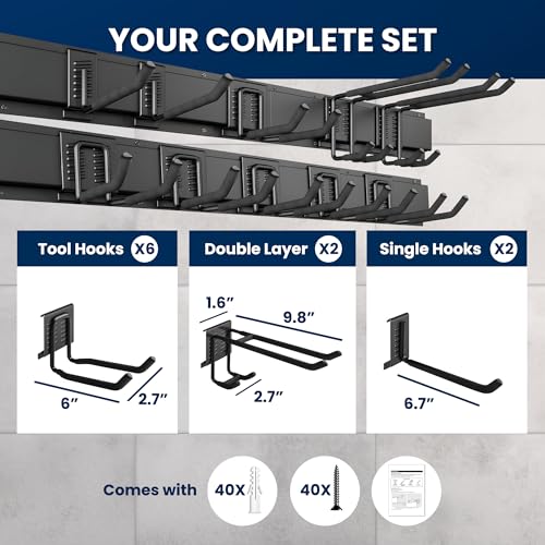 64'' All-Metal Garage Tool Organizer Wall Mount – Heavy-Duty Tool Rack Holds 680 lbs, Adjustable Hooks for Garage, Yard, and Garden Equipment - size: 64" Alloy Steel