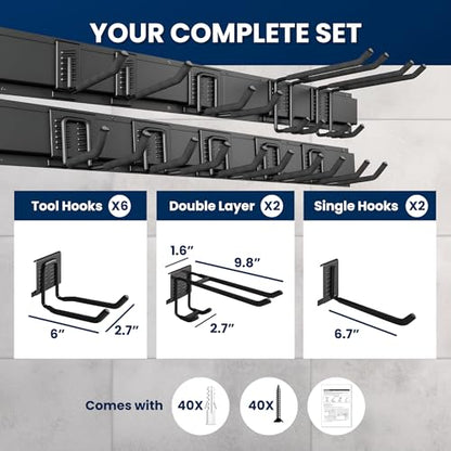 64'' All-Metal Garage Tool Organizer Wall Mount – Heavy-Duty Tool Rack Holds 680 lbs, Adjustable Hooks for Garage, Yard, and Garden Equipment - size: 64" Alloy Steel
