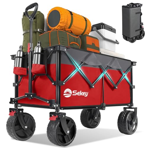 Sekey 220L Beach Wagon, 330 lb Capacity, Foldable, 8 in Wide Wheels - color: Red&gray