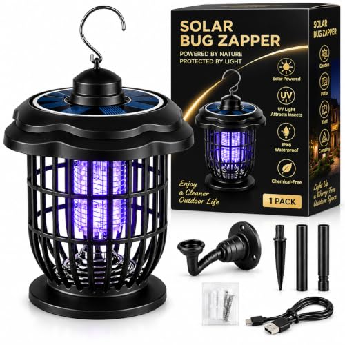 Rechargeable Outdoor Bug Zapper, 2000V Grid, Solar Panel, 365nm Light