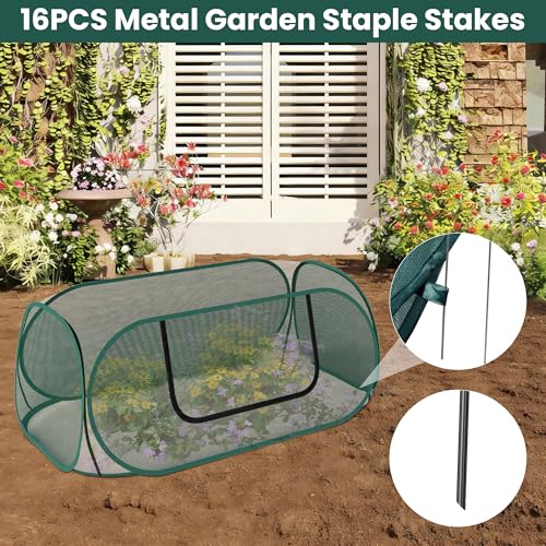 2 Pack Raised Garden Bed Covers, 45 x 22 x 17 in Pop Up Plant Covers for Frost Protection, Mesh Garden Bed Protector with Zipper for Vegetables & Seedlings, Birds & Small Animals, 16 Stakes