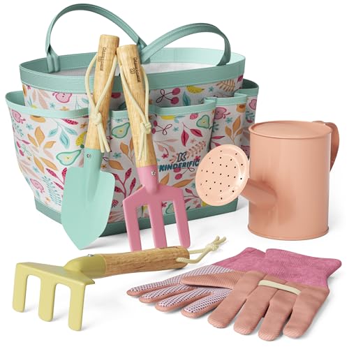 Kinderific Gardening Set, Tool Kit, for Kids, STEM, Includes Tote Bag, Spade, Watering Can, Rake, Fork, Trowel and Gloves, Fruity - color: Fruity