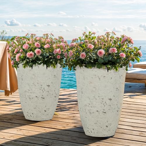 Autodaya 19.5" Resin Tall Planters for Outdoor Plants, Set of 2 Flower Pots - color: Country Round White-19.5"