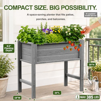 YEFU 34" Small Garden Planter, Wood-Look HIPS Compact Planter Box, Grey - color: Gray, size: 34"×18"×30"