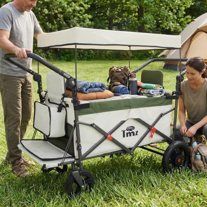 TMZ Collapsible Wagon with 2 Foldable Seats, Folding Wagon with Canopy, Multi Functional Cart with Adjustable Handle Bar, Front Expandable for Transport Camping (Green/Beige) - color: Green/Beige
