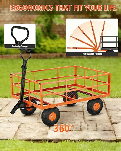 1200 LBS Heavy Duty Steel Garden Cart, 3-in-1 Yard Wagon, 13" Air Tires - color: Orange, size: 1200LBS