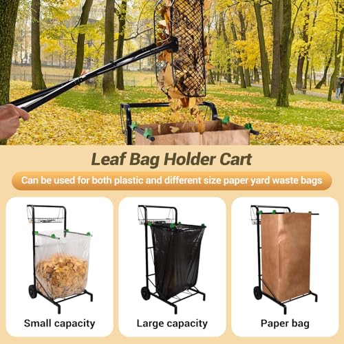 CAROD Upgraded Trash Bag Holder Cart with Storage Basket and Ergonomic Handle, Adjustable Outdoor Leaf Bag Holder from 30-45 Gallon Capacity, Ideal for Yard, Camping, Parties Clean-Up (Ultra)