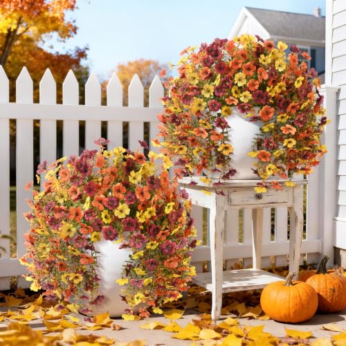 INQCMY Fall Artificial Fake Flowers for Outdoors Faux Mums UV Resistant - color: Orange,brown,yellow