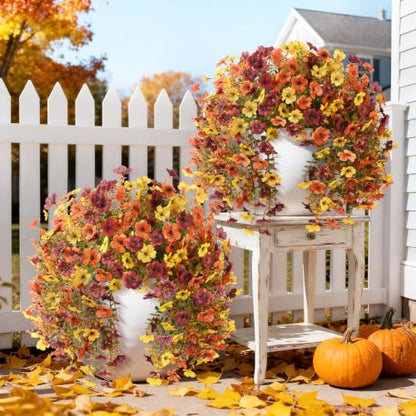 INQCMY Fall Artificial Fake Flowers for Outdoors Faux Mums UV Resistant - color: Orange,brown,yellow
