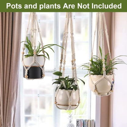Macrame Plant Hangers with Beads for Indoor and Outdoor, 3 Pack - color: White