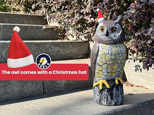 Solar Powered Owl, Motion Detection, Rotating Head, Realistic Hoots and Silent Mode, Outdoor Statue, Sculpture, Owl Decoration with a Christmas Hat for Home, Garden, Patio and Lawn