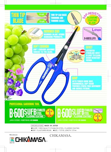 CHIKAMASA B-600SLUFB, The Precise Specialty Trimming Scissors, S/S L-Shape Blade, Fluorine Coating, for trimming plants and grapes, excellent for narrow stem-thinning inside closed and tangled spaces.