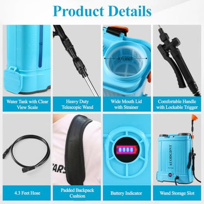 Battery Powered Backpack Sprayer 4.2 Gallon with Auto-Mixing System, Dual Battery System, Compatible with Makita 21V Battery, 2 Interchangeable Spray Wands (Stainless Steel & Fiberglass) for Garden