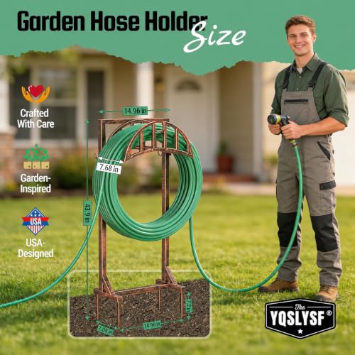 YQSLYSF Garden Hose Holder, Water Hose Stand with 4 Stake and 2 Tool Hooks, Heavy-Duty Metal Hose Storage Holds 150Ft, Freestanding Hose Hanger Rack for Outside, Yard, Lawn, Farm（Antique Bronze）