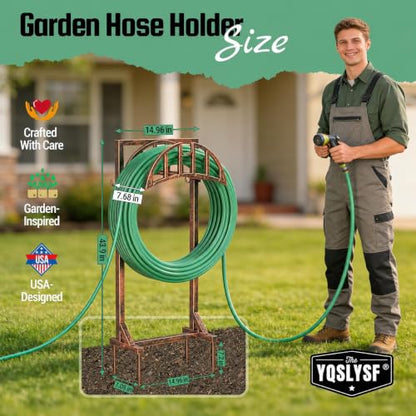 YQSLYSF Garden Hose Holder, Water Hose Stand with 4 Stake and 2 Tool Hooks, Heavy-Duty Metal Hose Storage Holds 150Ft, Freestanding Hose Hanger Rack for Outside, Yard, Lawn, Farm（Antique Bronze）