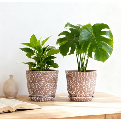 Gepege Ceramic Plant Pots, 6 Inch Indoor Planters with Drainage & Saucers - color: Brown-c, size: 6 Inch - Set of 2