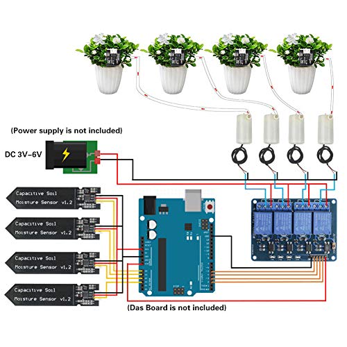 Automatic Irrigation DIY Kit Self Watering System with PDF Tutorial, 4pcs Capacitive Soil Moisture Sensor 4Channel 5V Relay Module and 4pcs Water Pump + 4M Vinyl Tubing for Garden Plant