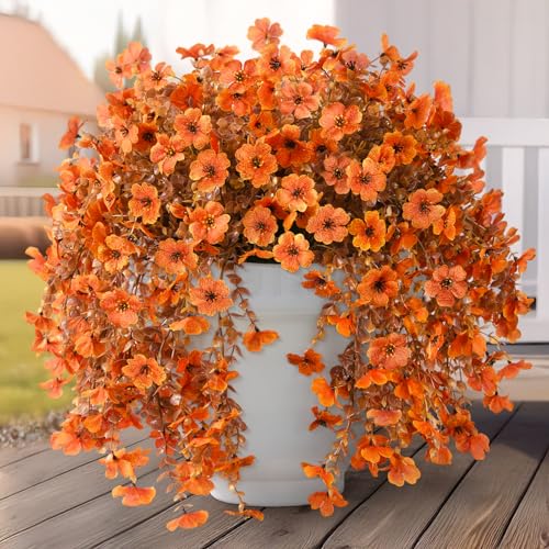 Artificial Fake Fall Flowers Faux Mums for Outdoor Outside Decoration - color: Orange