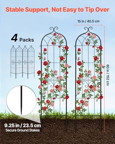 VEVOR Garden Trellis, 60 x 15 inch Rose Trellis, 4 Packs Garden Flower Rose Trellises with Powder-Coated Finish & Convenient Locking Design, Plant Support Trellises for Flowers, Vegetables, Roses - color: 4 Packs-Style2, size: 60''H x 15''W