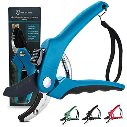 Nevlers 8" Blue Anvil Pruning Shears Heavy Duty Branch Cutter w/8mm Cut Cap - color: Blue, size: Anvil