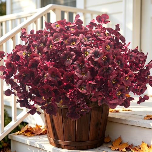 16 Artificial Fall Pansy Flowers for Outdoors, UV Resistant Faux Plants - color: Wine Red