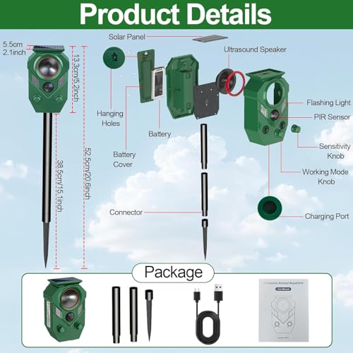 Solar Ultrasonic Animal Repellent Outdoor with PIR Sensor & Flashing Light, Pack of 4 - size: 1 Count (Pack of 4)