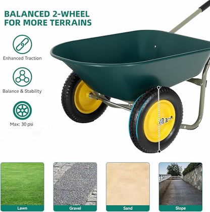 Autodaya Dual-Wheel Garden Cart, 14" Pneumatic Tires & Built-in Stand, 4.5 Cu Ft Utility Yard Wheelbarrow for Gardening, Soil, Construction, Easy Assembly - color: 330lb|dark Green-4.5 Cu Ft