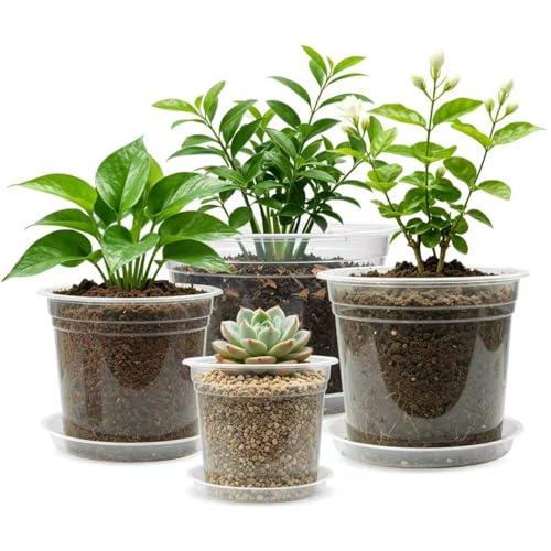 10/8/7/6 Inch Clear Nursery Pots with Drainage Holes and Saucers,12 Pack Large Clear Pots for Seedling Starter,Repotting,Growing Plants,Seedings,Flowers & Vegetables