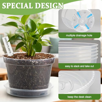 10/8/6 Inch Clear Plant Pots with Drainage Hole 12 Pack, Transparent Sturdy Plastic Nursery Pots with Saucers, Plant Label, Gardening Gloves, Plant Starter Pots for Planting Seed Herb Vegetable Flower - size: 10/8/6 Inch-12P