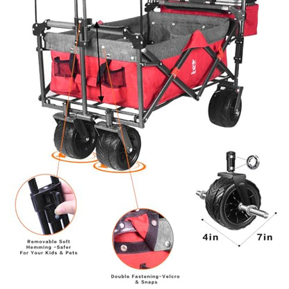 Foldable Wagon with Removable Canopy & Cooler Bag - Heavy Duty Collapsible Wagon Utility Cart with 4" All-Terrain Wheels for Camping, Beach, Garden - color: Red