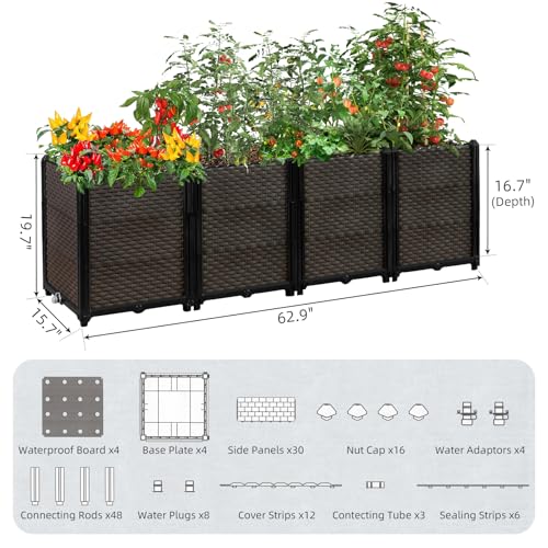Large Raised Planter Box Outdoor Self Watering 62.9"x15.7"x19.7" , Deep Raised Garden Bed - Elevated Garden Box with Drainage Plug, Rectangular Garden Planter Perfect for Patio Balcony Deck - size: L 63"xW 16"xH 20"