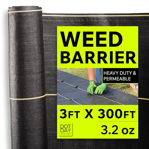 Weed Barrier Fabric Heavy Duty 3ft x 300ft, 3.2 oz Woven Landscape Fabric for Gardens, Raised Beds & Landscaping, UV-Stabilized Permeable Ground Cover with Yellow Planting Guides, Black, DOTDAY Shield - size: 3 x 300ft