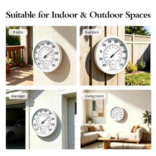10" Indoor Outdoor Thermometer Hygrometer, Weatherproof Gauge (White) - color: White