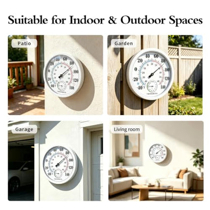 10" Indoor Outdoor Thermometer Hygrometer, Weatherproof Gauge (White) - color: White