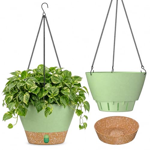 ZMTECH 2 Pack 8 Inch Hanging Baskets for Plants Outdoor Indoor, Modern Green Planters with Water Level Window & Metal Chain for Balcony Patio Garden Home Decor - color: Green, size: 8 Inch