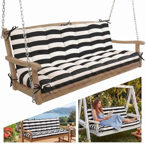Oxford Fabric Swing Cushions with Backrest & Tie Straps for Patio Bench - color: Black-white Stripe