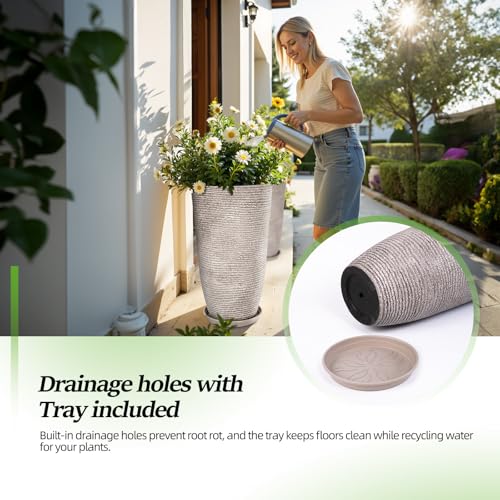 QCQHDU Set of 2 Oversized 9 Gallon Round Planters for Front Door & Patio - 12x21 Inch Tall Outdoor/Indoor Plant Pots with Drainage Tray, Gray Faux Stone Textured Tree Planters for Porch Decor - color: Gray