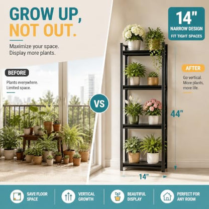 Plant Stand, Adjustable 4 Tier Metal Flower Stand with Double Layer Posts - color: 14''W*12''D*44''H