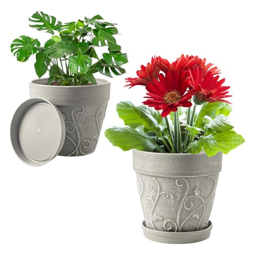 Melphoe Plant Pots Indoor with Drainage & Saucer, 2Pack 7/8 inch Flower Pots Outdoor Planters for Indoor Plants Garden Home Decor Cactus Succulent, Rigid Plastic (Imitation-Terracotta) Vine-Embossed - color: Cement Grey Color, size: 7/8 inch