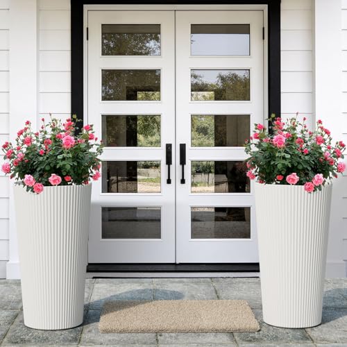 24" Tall Round Planters for Outdoor Plants Fluted Finishes - White - color: White